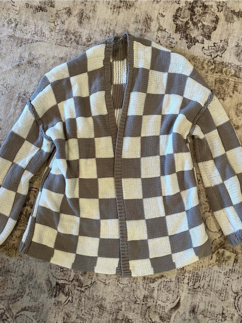 Checked Open-Front Women’s Sweater Cardigan - Cream and Taupe